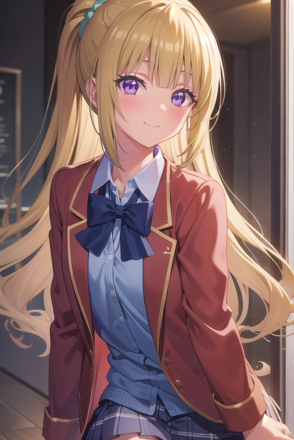 keikaruizawa, <lora:kei karuizawa s2s3-pruned-lora-nochekaiser:1>,
kei karuizawa, long hair, bangs, blunt bangs, (purple eyes:1.1), blonde hair, shirt, hair ornament, ponytail, scrunchie, blue scrunchie, smile,
BREAK skirt, shirt, bow, school uniform, jacket, (red jacket:1.2), pleated skirt, bowtie, sweater, (blue bow:1.2), (blue shirt:1.2),
BREAK indoors, classroom,
BREAK looking at viewer, (cowboy shot:1.5),
BREAK <lyco:GoodHands-beta2:1>, (masterpiece:1.2), best quality, high resolution, unity 8k wallpaper, (illustration:0.8), (beautiful detailed eyes:1.6), extremely detailed face, perfect lighting, extremely detailed CG, (perfect hands, perfect anatomy),