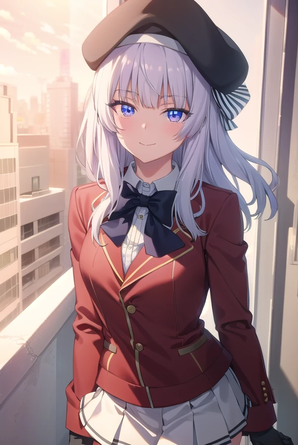 arisusakayanagi, <lora:arisu sakayanagi s3-lora-nochekaiser:1>,
arisu sakayanagi, long hair, bangs, (purple eyes:1.1), white hair, blunt bangs, smile,
BREAK skirt, shirt, gloves, long sleeves, hat, bow, school uniform, jacket, white shirt, pleated skirt, collared shirt, miniskirt, bowtie, black headwear, black bow, beret, blazer, (white skirt:1.5), (red jacket:1.5), grey skirt, black bowtie,
BREAK indoors, classroom,
BREAK looking at viewer, (cowboy shot:1.5),
BREAK <lyco:GoodHands-beta2:1>, (masterpiece:1.2), best quality, high resolution, unity 8k wallpaper, (illustration:0.8), (beautiful detailed eyes:1.6), extremely detailed face, perfect lighting, extremely detailed CG, (perfect hands, perfect anatomy),