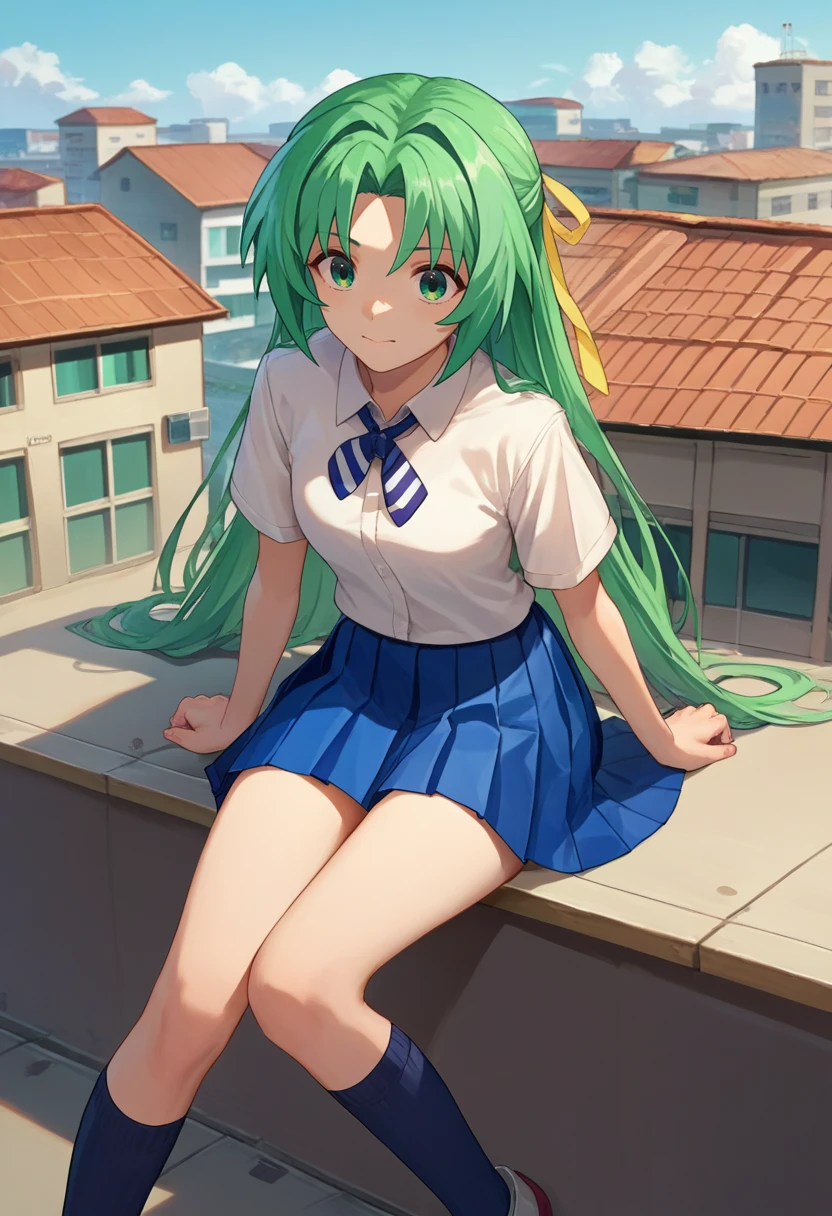 score_9, score_8_up, score_7_up, source_anime,   <lora:ShionCame-000007:1> sonozaki shion, green hair, long hair, green eyes, yellow ribbon, white shirt, blue necktie, pleated skirt, black kneehighs, rooftop,