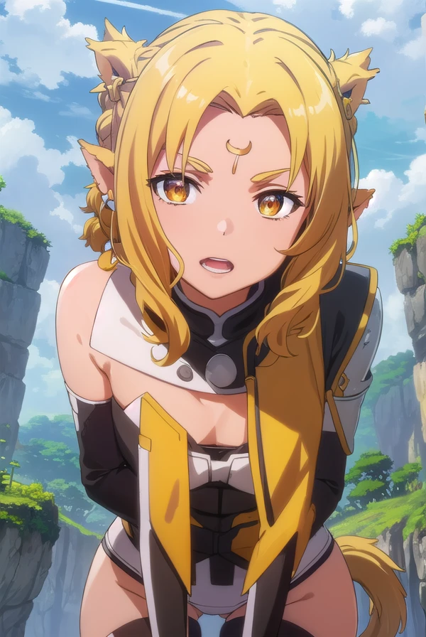 aliciarue, <lora:alicia rue s1-lora-nochekaiser:1>,
alicia rue, short hair, blonde hair, animal ears, braid, pointy ears, (yellow eyes:1.3), (parted bangs:1.5), forehead jewel,
BREAK thighhighs, underwear, panties, tail, detached sleeves, white panties, white thighhighs, cat tail, strapless,
BREAK outdoors, forest, nature, sun, sky, clouds, grass, trees, river, rocks,
BREAK looking at viewer, (cowboy shot:1.5),
BREAK <lyco:GoodHands-beta2:1>, (masterpiece:1.2), best quality, high resolution, unity 8k wallpaper, (illustration:0.8), (beautiful detailed eyes:1.6), extremely detailed face, perfect lighting, extremely detailed CG, (perfect hands, perfect anatomy),