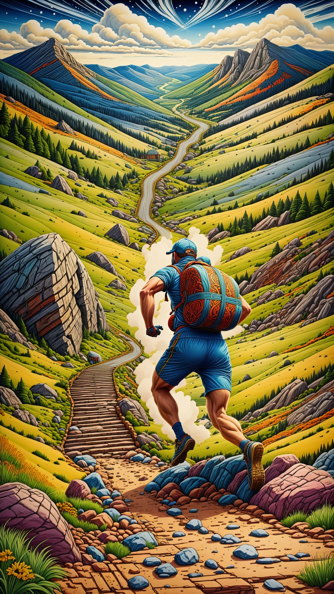 <lora:GaelicPatternStyle:1> GaelicPatternStyle a man running downhill to escape a rolling boulder in a rocky mountain