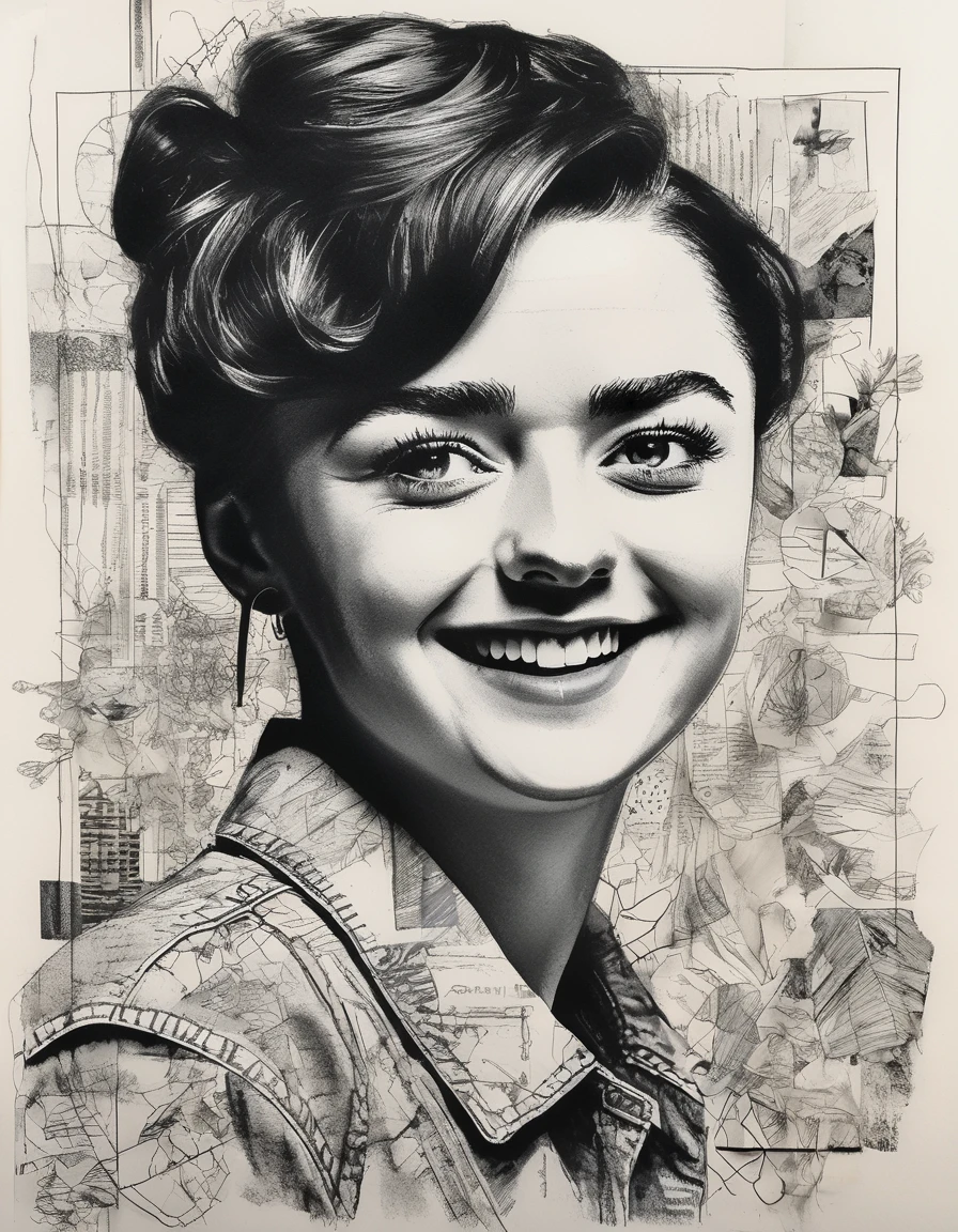 Pencil Sketch Drawing,  ((collage style illustration)) of mswllmsarst woman ,smiling, ((mixed media, layered, textural, detailed, artistic)), black and white drawing, graphite drawing <lora:Maisie Williams:1.0>