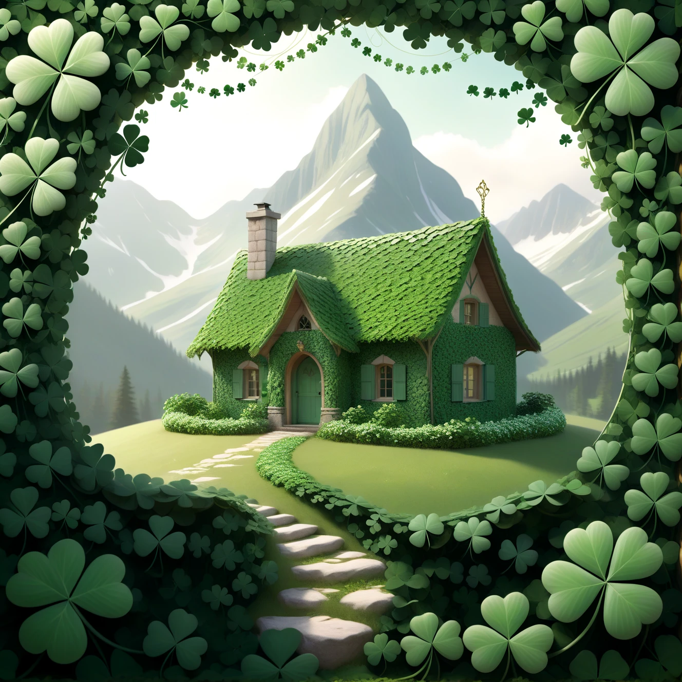 mountains, HUD_shmrck, cottage made of delicate shamrock clover leaves intricately woven together, <lora:Shamrocked:0.8>, creating a whimsical and ethereal look, highly detailed