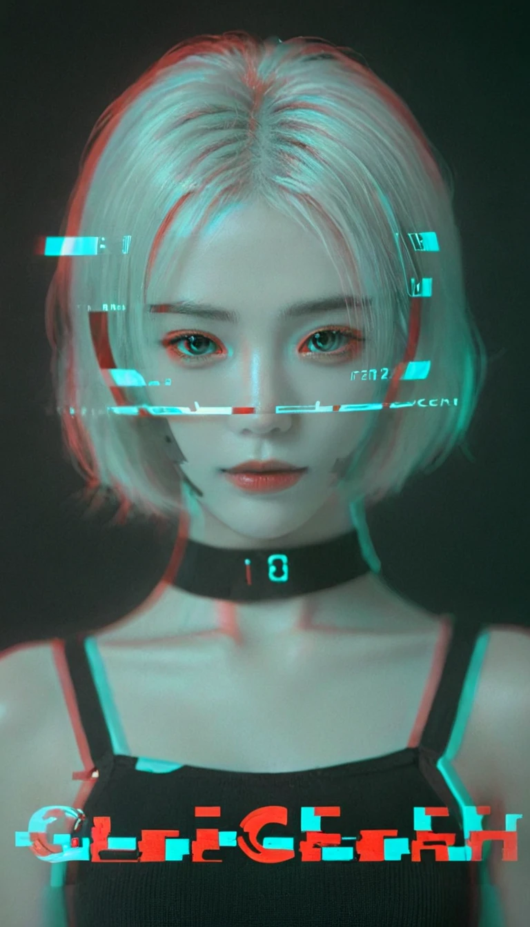 <lora:xl-shanbailing-1213Glitch_effect:0.9>,bailing_glitch_effect,1girl,white hair,red clothes,the letters of the hologram "SHAN" logo appear below the picture,the word (SHAN) is shown on a black background,a woman with a futuristic look in the dark,solo,smile,short hair,blonde hair,simple background,closed mouth,upper body,parted lips,teeth,signature,armor,black eyes,from side,english text,lips,looking to the side,bodysuit,profile,mask,shadow,glowing,looking away,expressionless,looking down,half-closed eyes,black background,backlighting,reflection,science fiction,realistic,nose,mouth mask,chromatic aberration,light,dark,cable,cyborg,hair slicked back,dark background,neon trim,gas mask,mechanical parts,cyberpunk,
glowing_eye,special effects,