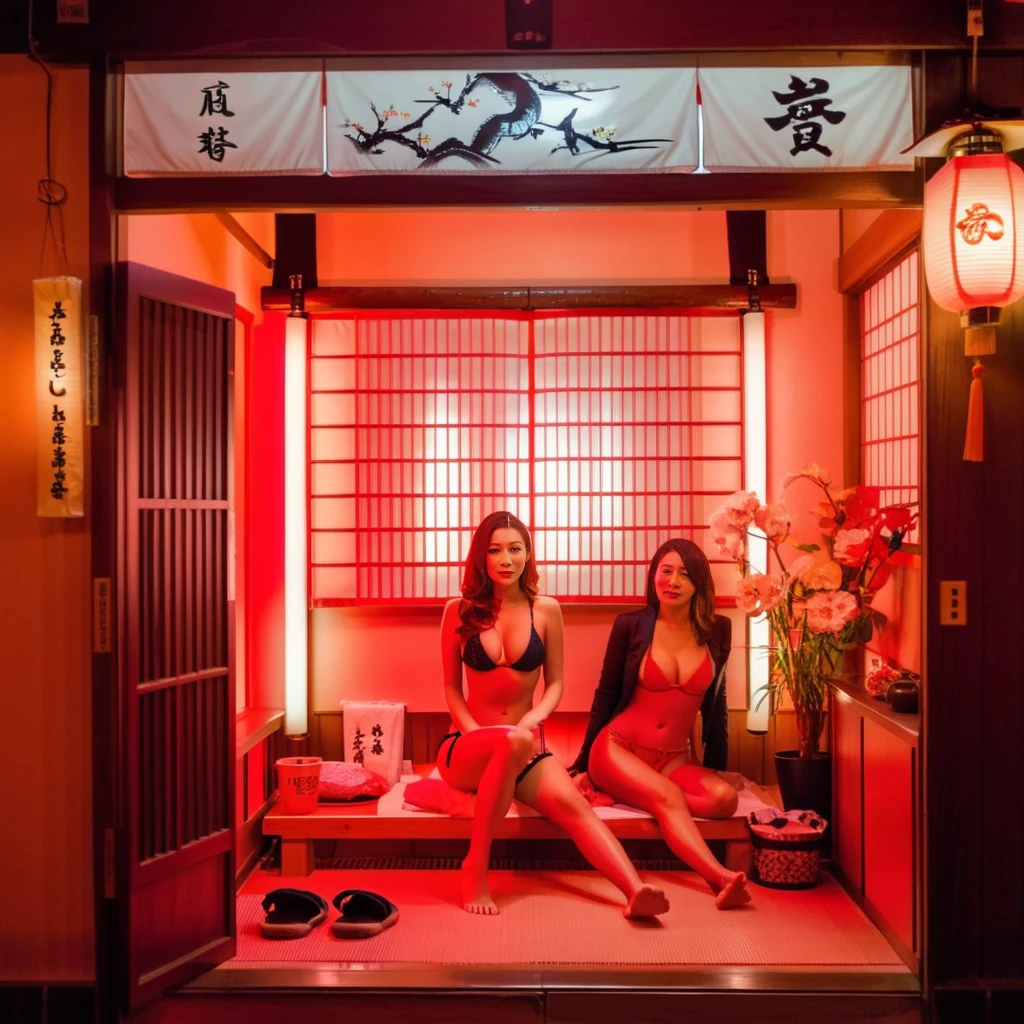 a sexy woman couple of people sitting on a bench in a room. <lora:ws:0.8>,Red lights, Japanese traditional architecture, entrance hall, street,underwear,Asian