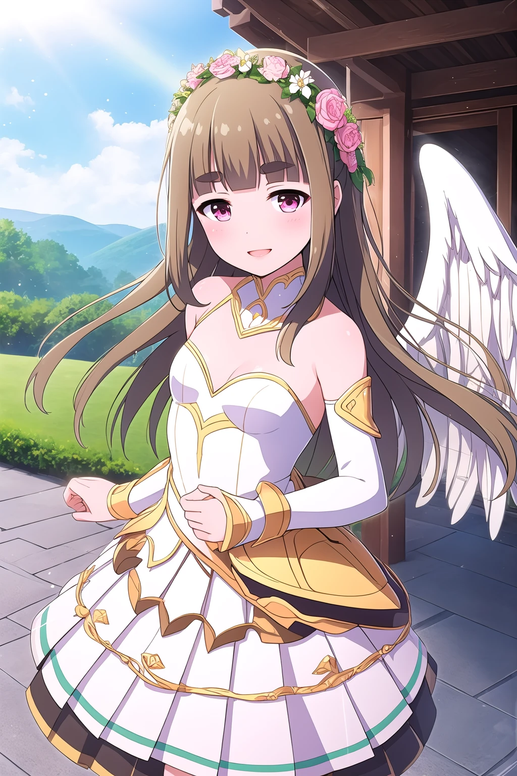 (masterpiece, best quality), highly detailed background, perfect lightingbest quality, fujimiyasakura, solo, outdoors, angel, light brown hair, blunt bangs, long hair, sidelocks, thick eyebrows, pink eyes, small breasts, armor, armored dress, bare shoulders, angel wings, bridal gauntlets, white skirt, pleated skirt, miniskirt, smile, open mouth, :d, pink lips, <lora:Fujimiya-Sakura:0.7>