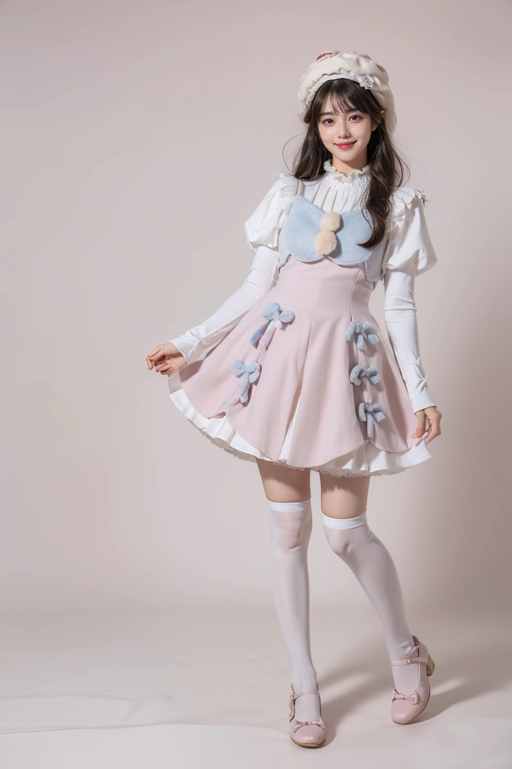 best quality, masterpiece, realistic, photorealistic, 1girl, solo, looking at viewer, smile, long black hair, bangs, standing, full body, cyb dress, pink dress, dress, pom pom, bow, long sleeves, puffy sleeves, hat, white thighhighs, pink shoes, simple background, pink background, <lora:cute_attire_style2_v1:0.75>