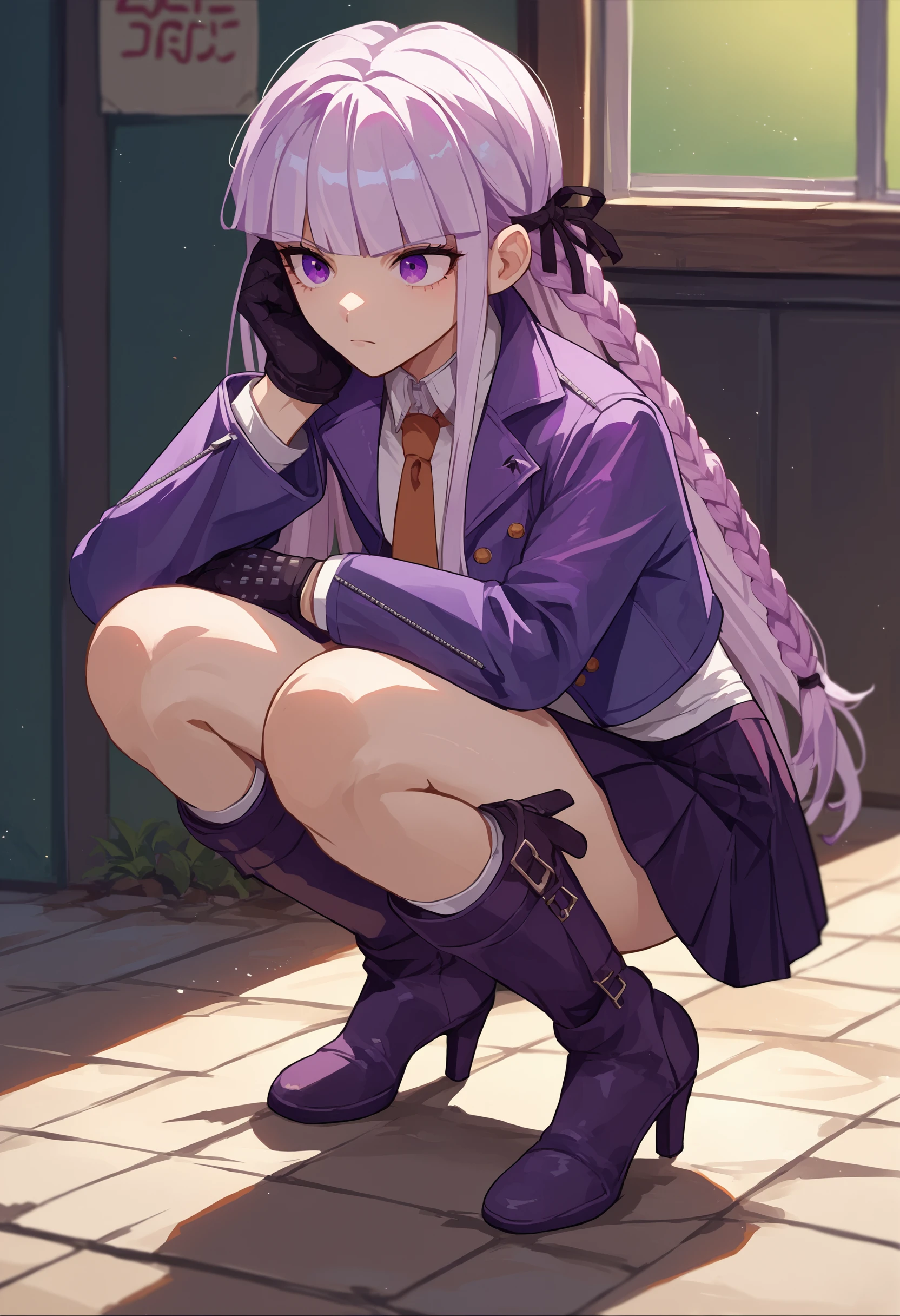 score_9, score_8_up, score_7_up, source_anime, 1girl, Kyoko, purple eyes, purple hair, long hair, braid, black gloves, purple jacket, brown necktie, white shirt,  purple skirt, boots, squatting,  <lora:KyokoPXL-000010:1>