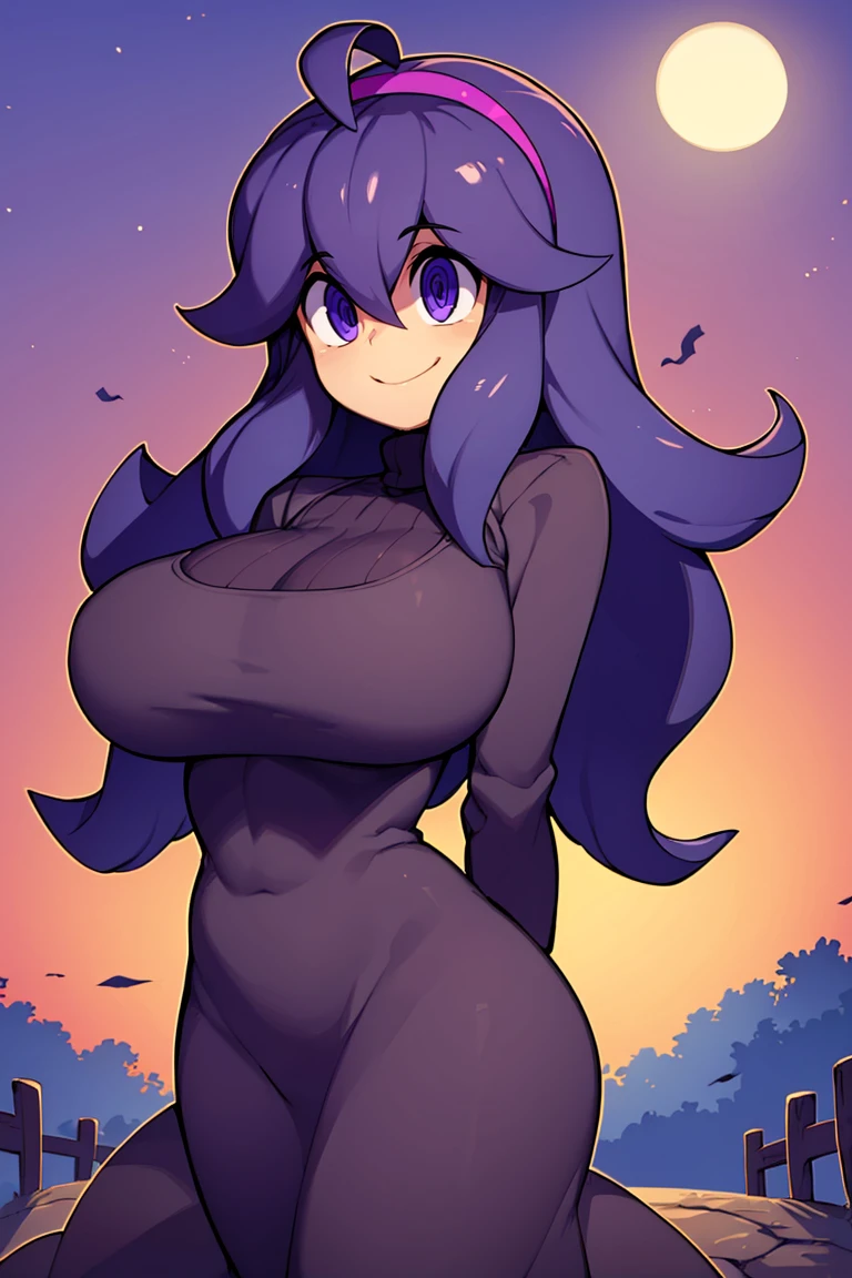 <lora:Bold_CAT:0.8>,((masterpiece,best quality)), aahex, hex maniac \(pokemon\), smile, long hair, ahoge, purple hairband, purple eyes, @_@, large breasts, long dress, black dress, long sleeves, <lora:hex_maniac_v1:0.7>, arms behind back, outdoors, full moon,