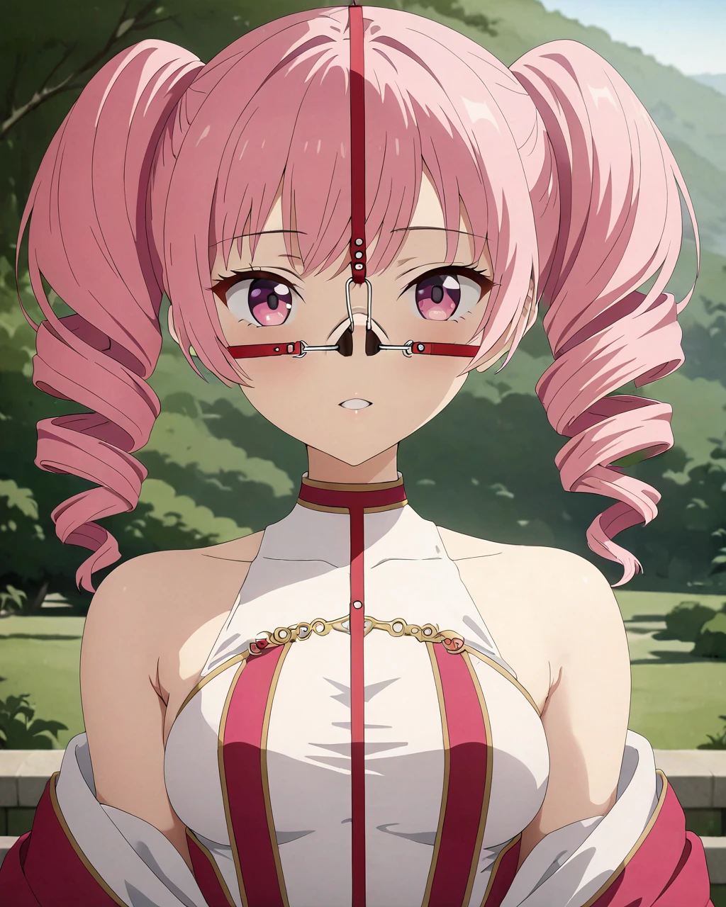 (8K, 16K,masterpiece, best quality, ultra-detailed)1 girl,3waynosehook, front shot <lora:SDXL_new_3way_nosehook_anime_v1.1-000017:0.75>,outdoor,pink hair,twin drill hair,royal cloth,upper body,side angle,look viewer,
