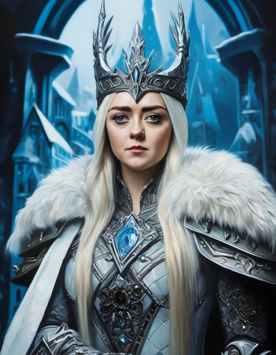 ,close-up ((oil painting:1.1)) of ((mswllmsarst woman)) , as the Lich king Arthas, sitting on the Frozen throne, brown hair, pale white skin,  perfect face,  dark shot, dramatic, extremely detailed, intricate, elegant,fantasy, <lora:Maisie Williams:1.0>