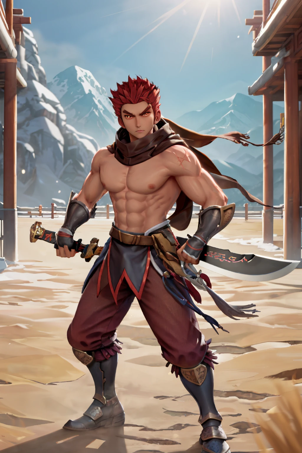 <<lora:Dark_Hwang_SCVI:0.8>
1guy, DHWANG, dark skin, red hair, red eyes, yellow iris, yellow pupils, brown scarf, chest cross scar, topless male, armored wristbands, brown gloves, brown loincloth, red korean pants, belt, sword, chinese sword, armored boots, park, sunlight, daylight, sunny,  looking at viewer