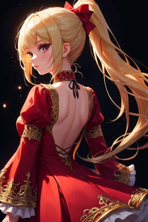 light particles, soft lighting, volumetric lighting, intricate details, finely detailed,
1girl, solo,
blonde hair, long hair, high ponytail,
red eyes, long eyelashes, thick eyelashes, looking at viewer,
red dress, ornate dress, backless dress, puffy sleeves, juliet sleeves, (long sleeves:1.2), red bow,
black background, simple background, from behind,