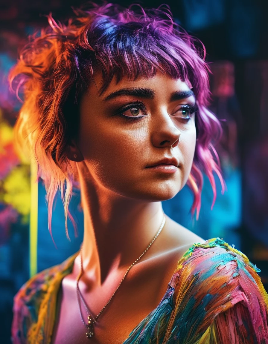 mswllmsarst woman, <lora:Maisie Williams:1.0> ,  wearing fancy street wear, neon light, centered| intricate| highly detailed| breathtaking beauty| precise lineart| vibrant| comprehensive cinematic| Carne Griffiths| Conrad Roset, 8k, oil painting, cinematic lighting, best quality, highres, dynamic pose