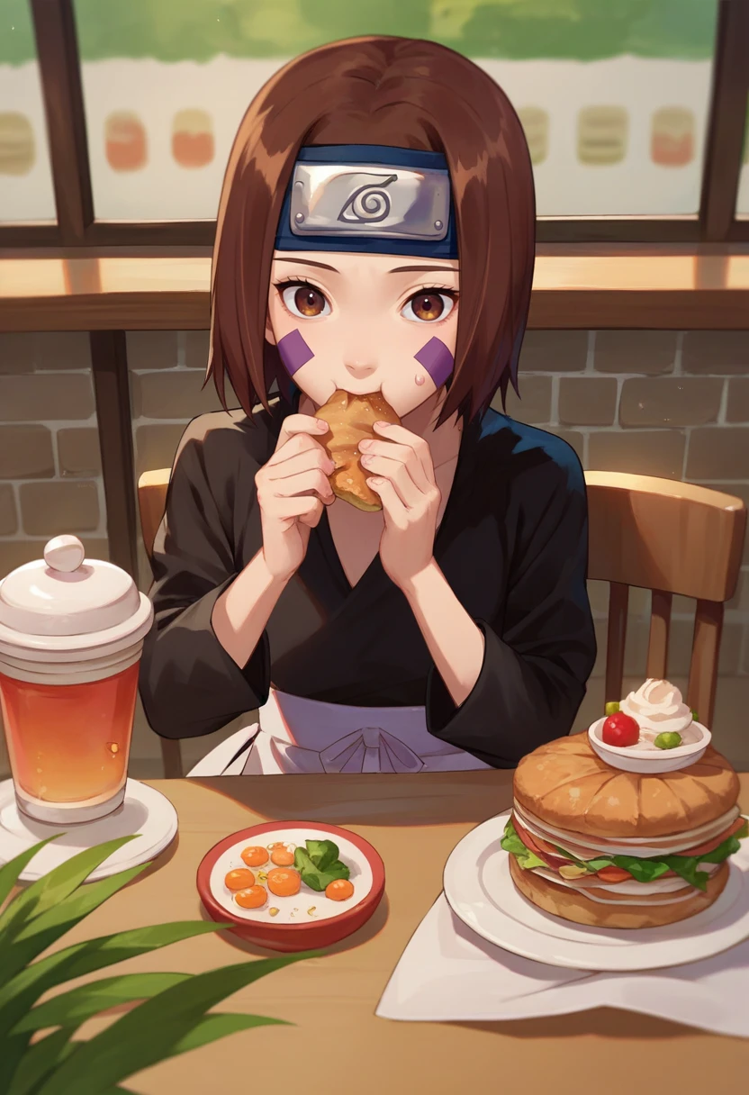 score_9, score_8_up, score_7_up, source_anime, 1girl, nohara rin, short hair, brown hair, brown eyes, purple facial mark, black shirt, long sleeves, white apron, black shorts, forehead protector, red thighhighs, cafe, pov, eating,    <lora:Nohara Rin 1 rep-000010:1>