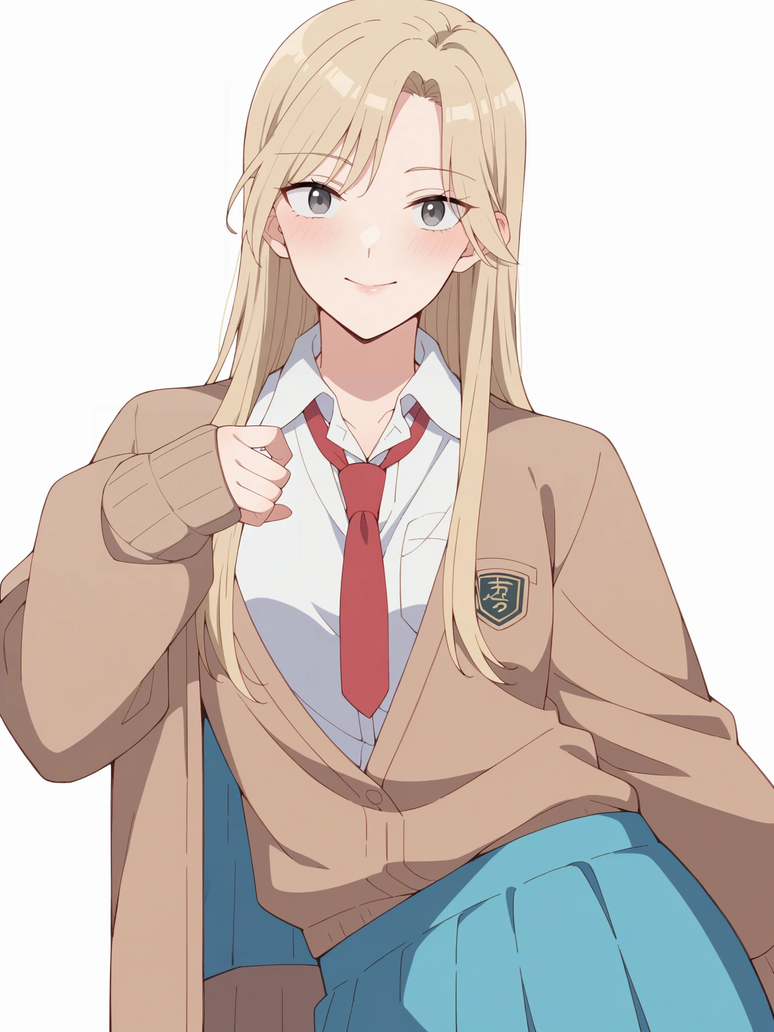 score_9, score_8_up, score_7_up, source_anime, anime coloring, flat color, BREAK
yuzukiv1, long hair, grey eyes, 1girl, solo, looking at viewer, smile, blue eyes, skirt, blonde hair, simple background, shirt, long sleeves, white background, school uniform, white shirt, pleated skirt, necktie, collared shirt, blue skirt, cardigan, red necktie, 
 <lora:YuzukiV1:1>