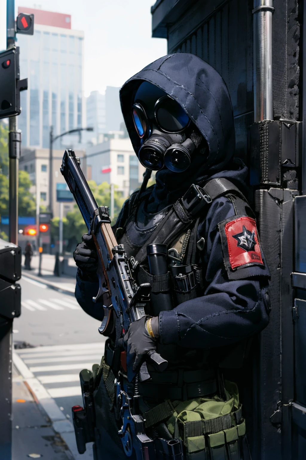 solo,1girl,outdoors,cityscape,(cowboy shot:1.2),standing,<lora:0309 British Special Air Service Counter-Terrorism Group_v1:0.9>,ruanyi0309,belt,bulletproof vest,gas mask,hood,police uniform,submachine gun,holding gun,gloves,, best quality,masterpiece,highres,official art,extremely detailed cg unity 8k wallpaper