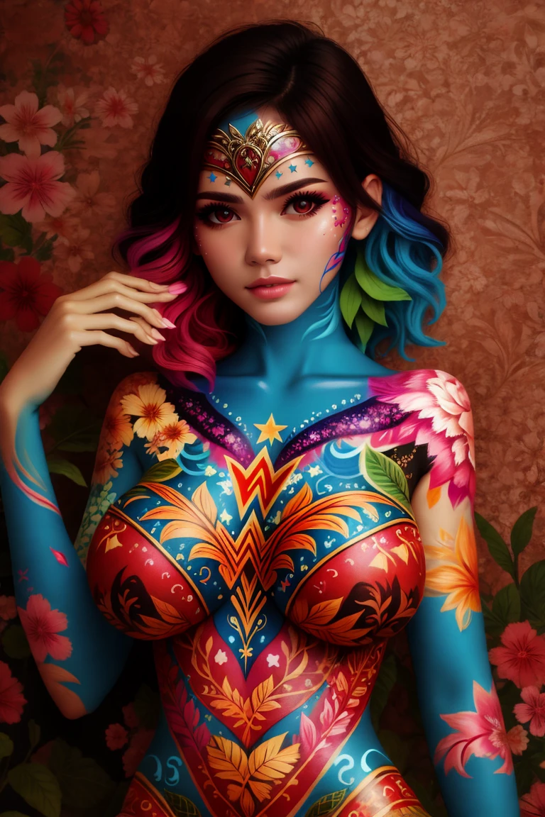 (((Ultra-HD-quality-details))) 1girl, colorful-ww-body-painting, huge breasts, cleavage <lora:ww-body-painting:0.8>