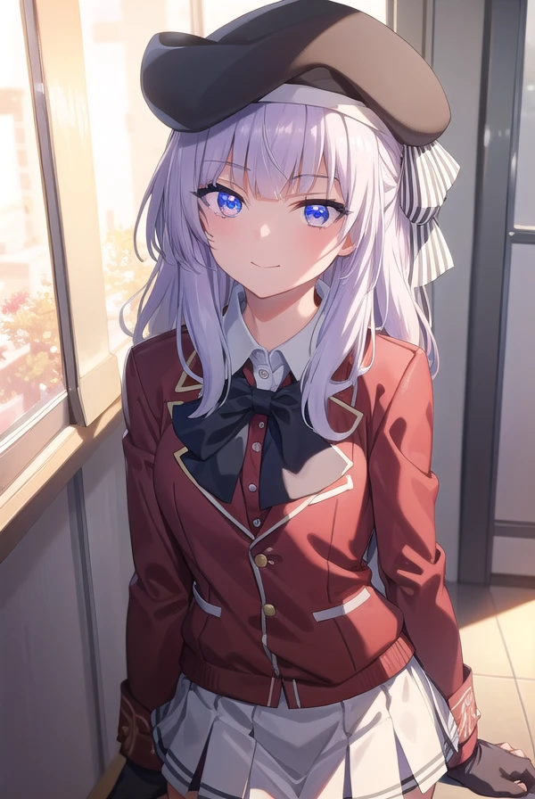 arisusakayanagi, <lora:arisu sakayanagi s3-lora-nochekaiser:1>,
arisu sakayanagi, long hair, bangs, (purple eyes:1.1), white hair, blunt bangs, smile,
BREAK skirt, shirt, gloves, long sleeves, hat, bow, school uniform, jacket, white shirt, pleated skirt, collared shirt, miniskirt, bowtie, black headwear, black bow, beret, blazer, (white skirt:1.5), (red jacket:1.5), grey skirt, black bowtie,
BREAK indoors, classroom,
BREAK looking at viewer, (cowboy shot:1.5),
BREAK <lyco:GoodHands-beta2:1>, (masterpiece:1.2), best quality, high resolution, unity 8k wallpaper, (illustration:0.8), (beautiful detailed eyes:1.6), extremely detailed face, perfect lighting, extremely detailed CG, (perfect hands, perfect anatomy),