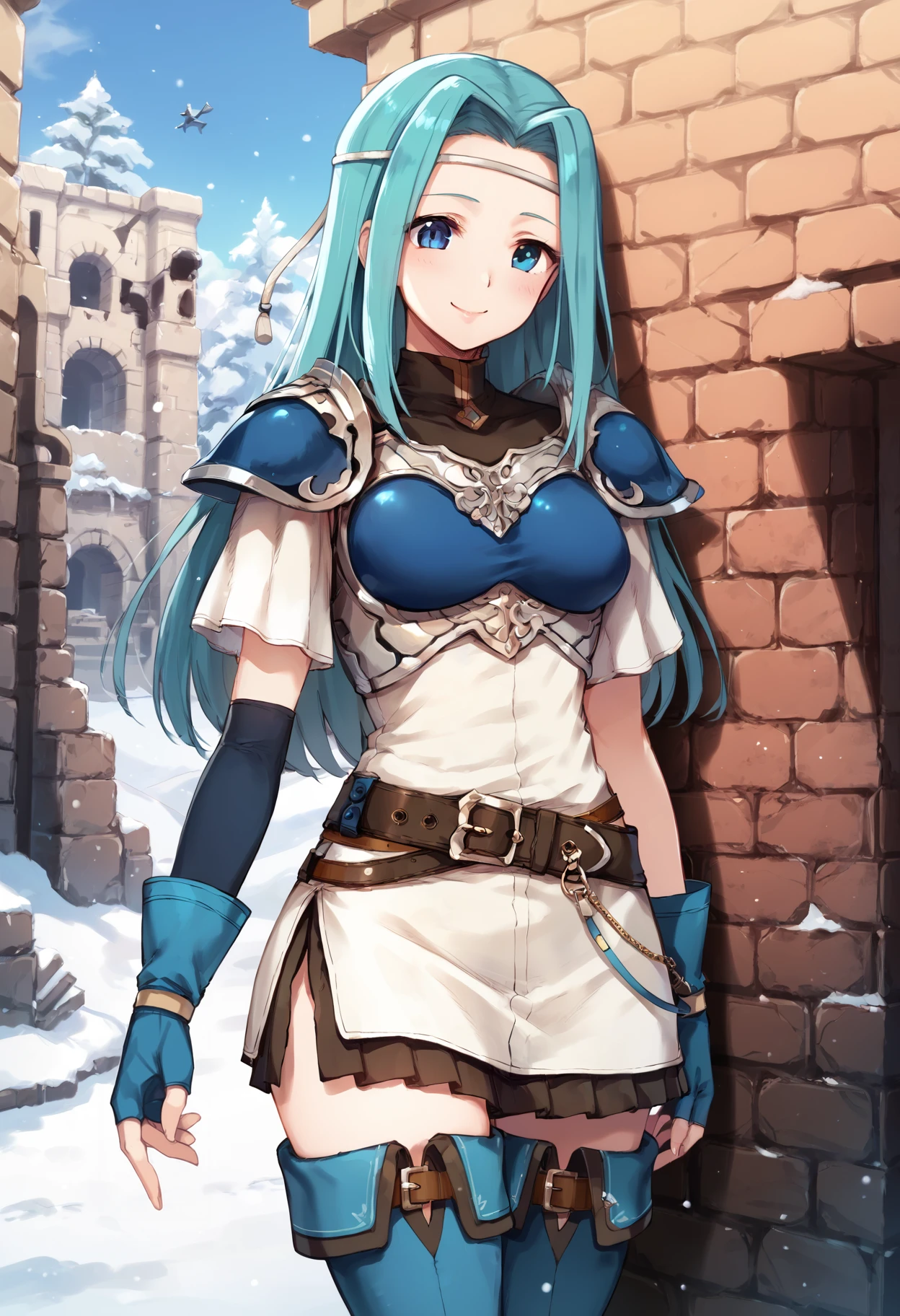 score_9, score_8_up, score_7_up, score_6_up, BREAK source_anime, best quality, masterpiece,
1girl,<lora:fiora fehPonyXL:0.9>,fiora feh,breastplate,shoulder armor,asymmetrical gloves,white dress,slit skirt,belt,thigh boots,cowboy shot,standing,smile,ancient Ruins,bricks wall,hand on wall,snow