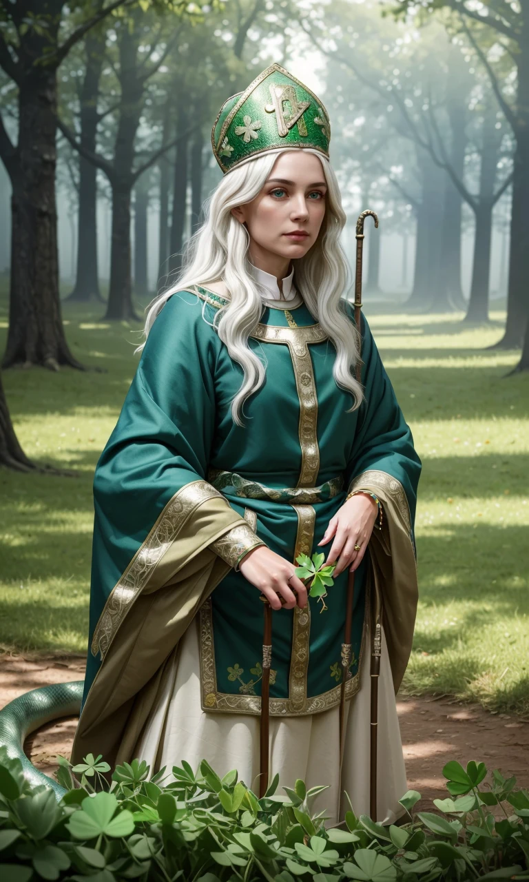 stpatt2024, 1woman, long white hair, using magical powers, 8k, uhd, masterpiece, detailed skin, skin pores, intricate, depth of field, raw image, 5 fingers, best quality, holding staff, clover, fantasy setting, snakes on the ground