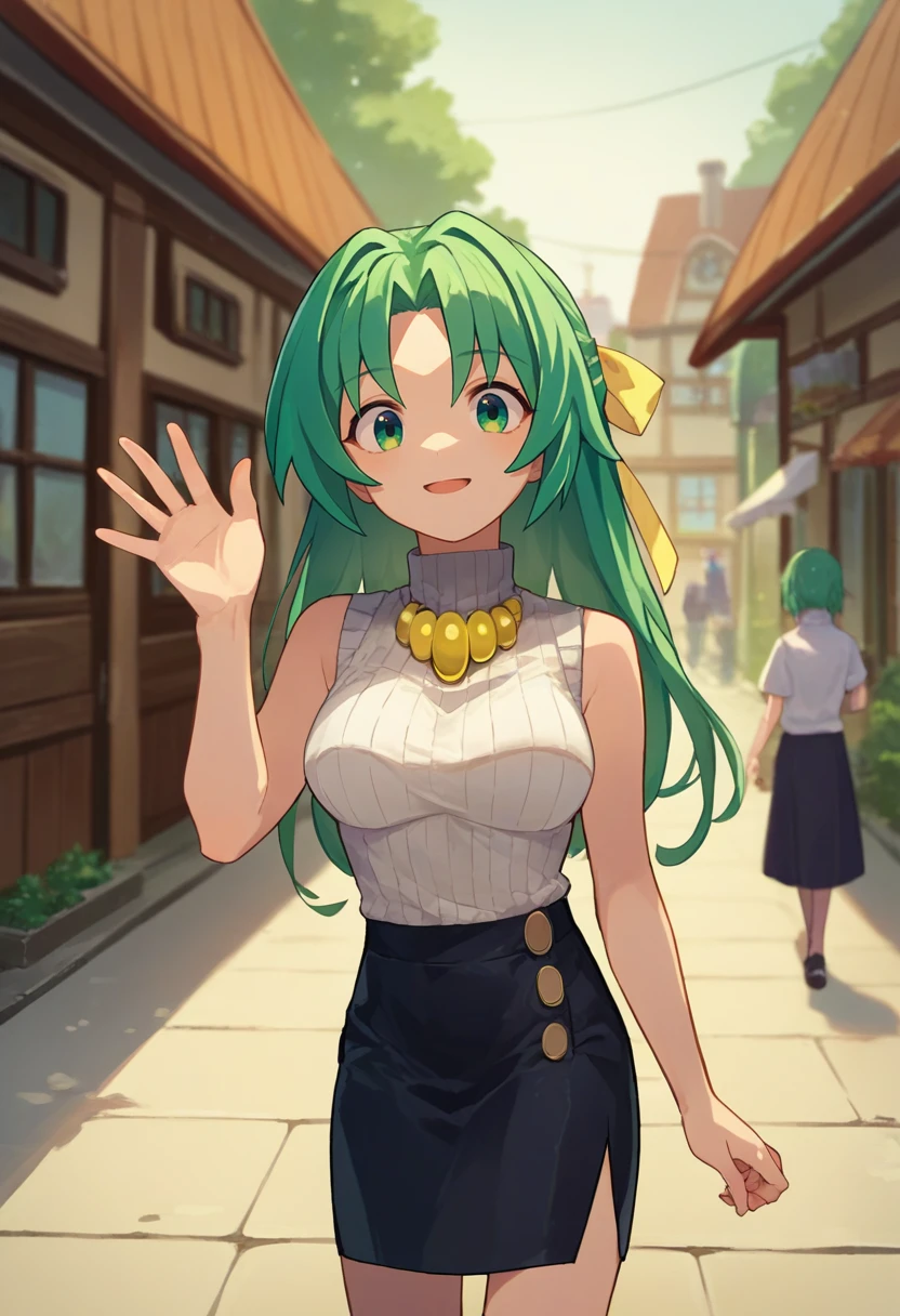 score_9, score_8_up, score_7_up, source_anime, <lora:ShionCame-000007:1> sonozaki shion, green hair, long hair, green eyes, yellow ribbon, turtleneck sweater, black skirt, yellow necklace, outdoors, village, waving,