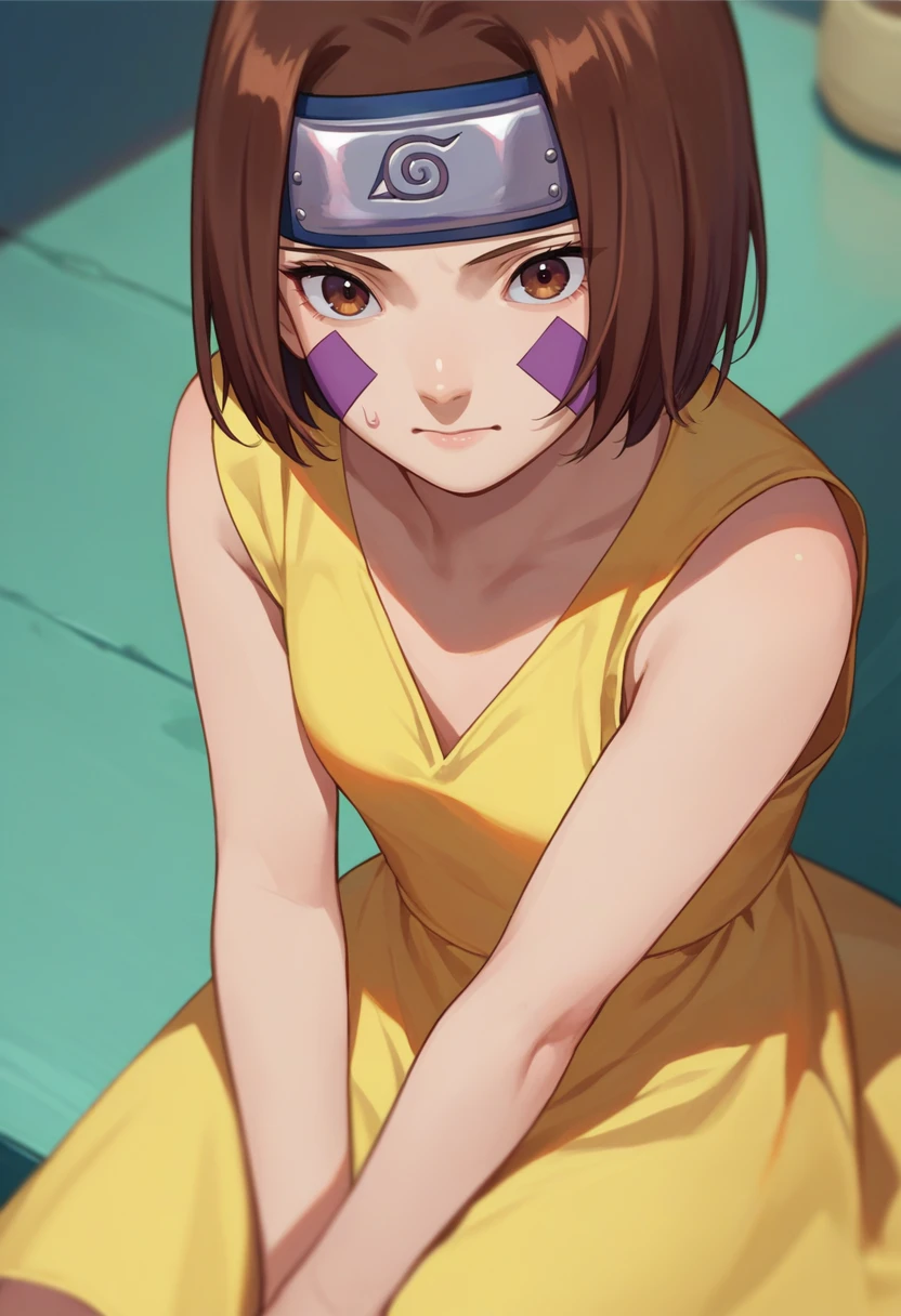 score_9, score_8_up, score_7_up, source_anime, 1girl, nohara rin, short hair, brown hair, brown eyes, purple facial mark, forehead protector, yellow sundress, sitting,   <lora:Nohara Rin 1 rep-000010:1>