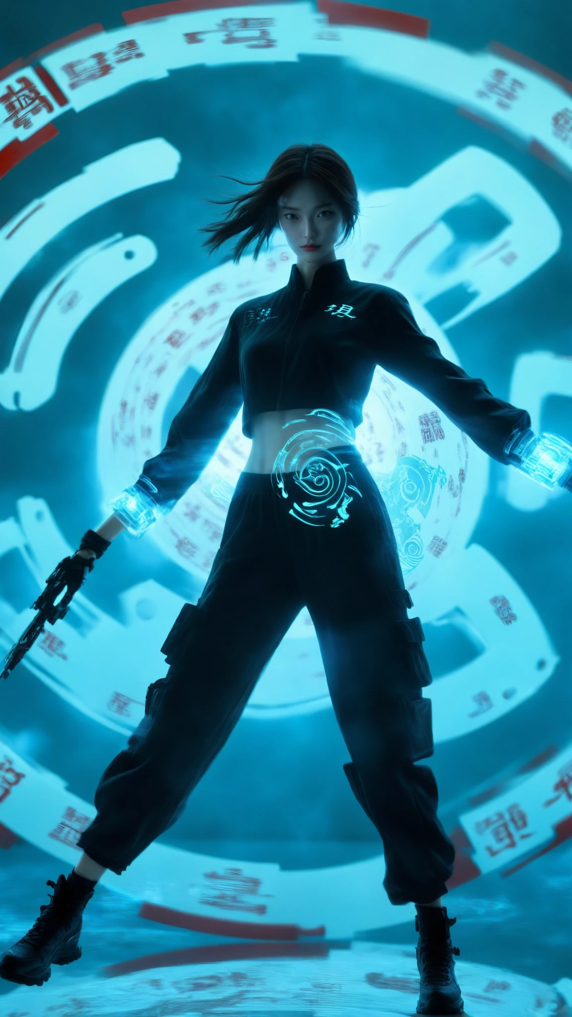 1girl,Surrounded by rotating transparent red scrolls,floating transparent red Chinese characters,dynamic,rotating,1 man standing in the air,not looking at the camera,writing calligraphy,solo,blue eyes,holding,weapon,holding weapon,glow,robot,mecha,open_hand,v-fin,movie lighting,strong contrast,high level of detail,best quality,masterpiece,female venom,perfect body,slender figure, bailing_glitch_effect