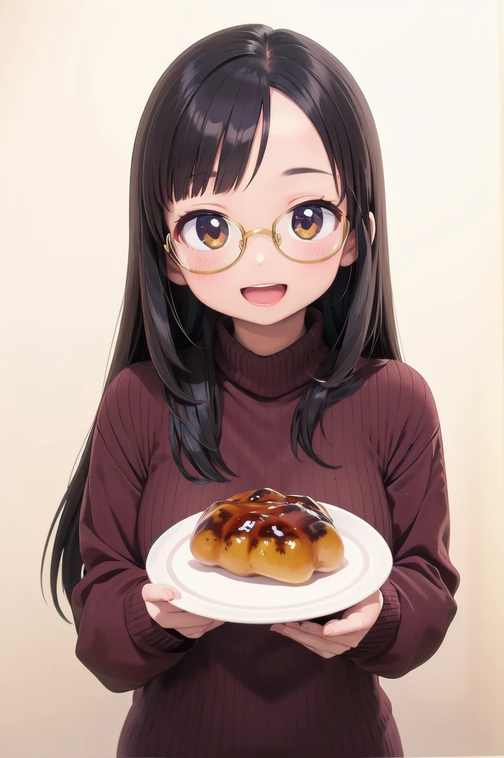 masterpiece, best quality,
1girl, solo, glasses, black hair, long hair, white ribbed sweater, happy, smile, looking at viewer, open mouth, solo focus, holding, 
mitarashidango, wagashi, food focus, food, still life, realistic, plate, simple background
 <lora:mitarashidango_SD15_V1:1>