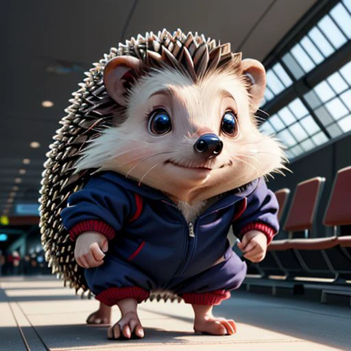 photo of cute hedgehog ,in an (airport),wearing a (tracksuit:1.1),(updo),(4k, RAW photo, best quality, depth of field, ultra high res:1.1),(absurdres, intricate, photorealistic, masterpiece, ultra-detailed:1.1),