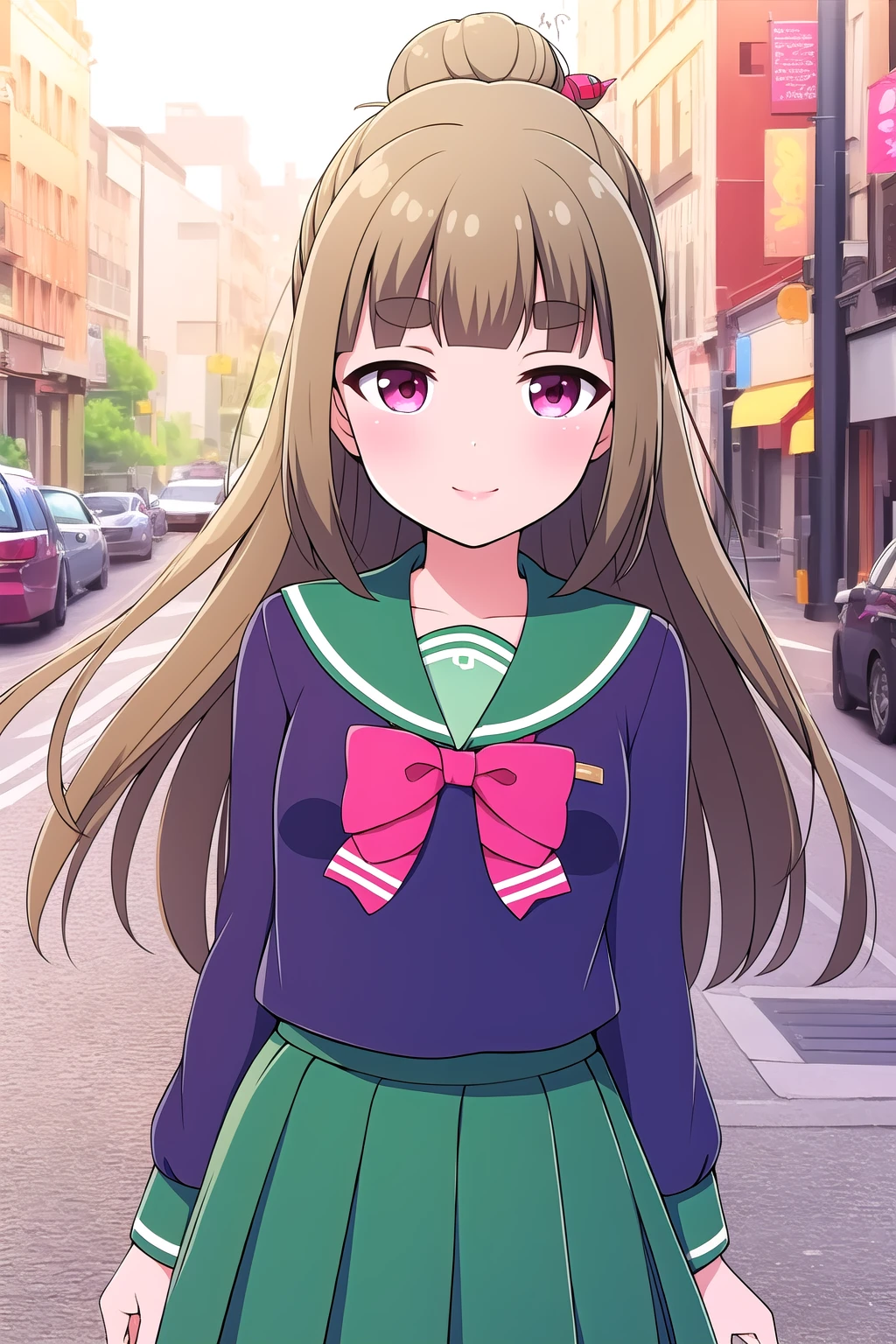 (masterpiece, best quality), highly detailed background, perfect lightingbest quality, fujimiyasakura, solo, outdoors, city, light brown hair, single hair bun, hair stick, blunt bangs, long hair, sidelocks, thick eyebrows, pink eyes, small breasts, blue shirt, green sailor collar, red bowtie, long sleeves, green skirt, pleated skirt, school uniform, smile, closed mouth, pink lips, <lora:Fujimiya-Sakura:0.7>