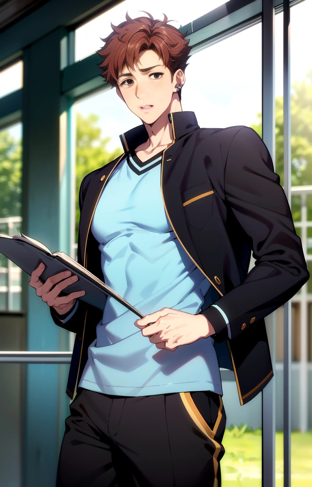 ((best quality)), ((masterpiece)), ((realistic)), (detailed)
slim, narrow waist, Slim waist, , thick eyebrowns,
, ((thin)) , , (sweating, , swet)
, male focus, , brown eyes, sunny day, (in school)
1boy,
<lora:matakara_asamine:1> matakara asamine, earing, school outfit, bluesky shirt, black jacket, sneakers, black pants,
