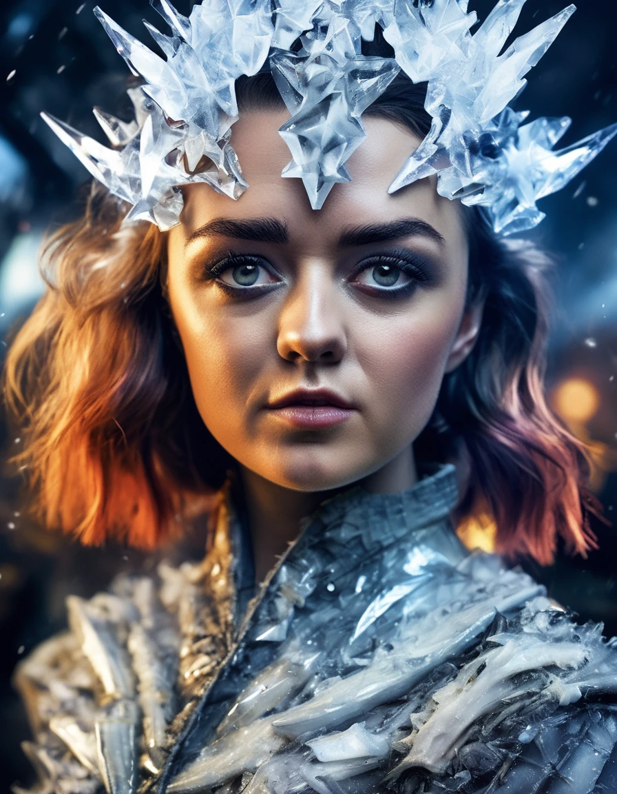 <lora:Maisie Williams:1.0> mswllmsarst woman,  ice, fire, space fragmentation, messy hair, serious, glowing hand, surreal, upper body, dynamic pose, Travel through time and space, fantasy theme, ultra highres, sharpness texture, High detail RAW Photo, detailed face,