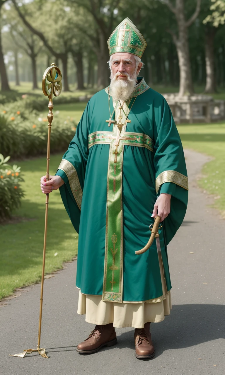 stpatt2024, 1man, using magical powers, 8k, uhd, masterpiece, detailed skin, skin pores, intricate, depth of field, raw image, 5 fingers, best quality, holding staff, clover, fantasy setting, snakes on the ground,