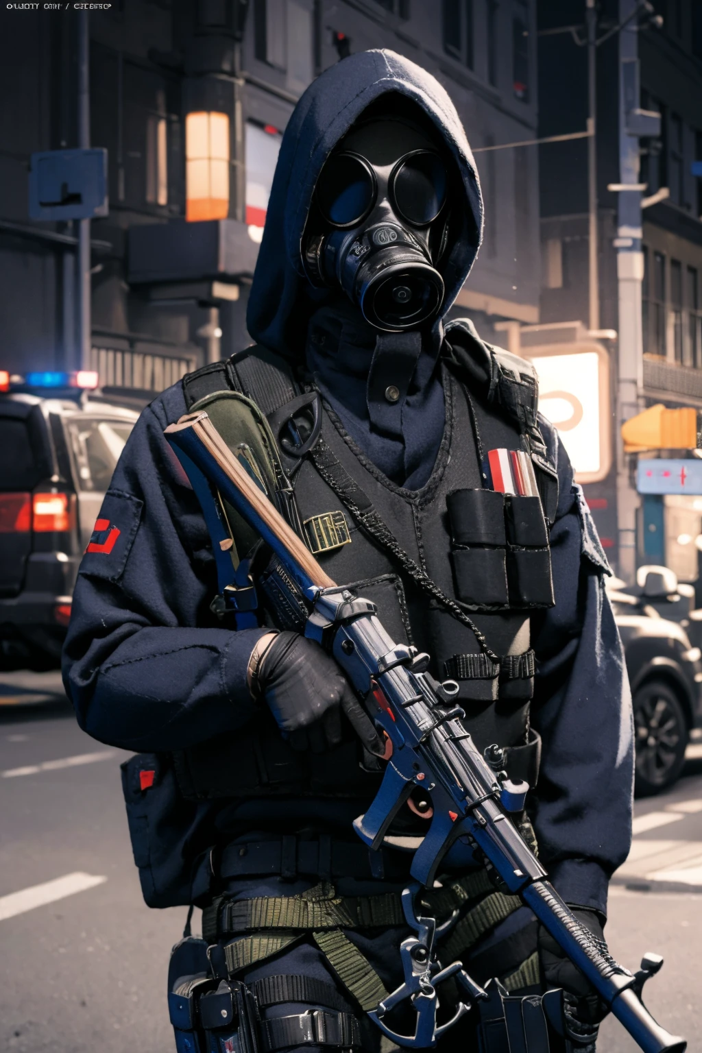 solo,1girl,outdoors,cityscape,standing,<lora:0309 British Special Air Service Counter-Terrorism Group_v1:0.9>,ruanyi0309,belt,bulletproof vest,gas mask,hood,police uniform,submachine gun,holding gun,gloves,, (photorealistic:1.4)(realistic, photo-realistic:1.4),(masterpiece, best quality:1.4),ultra high res,8k UHD,HDR,RAW,incredibly absurdres,official art,vivid colours,lens 135mm,f1.8,depth of field,cover_page,Rim lighting,magazine_cover,rim lighting,((stunning gradient colors)),
1 girl,(solo),Sit,,