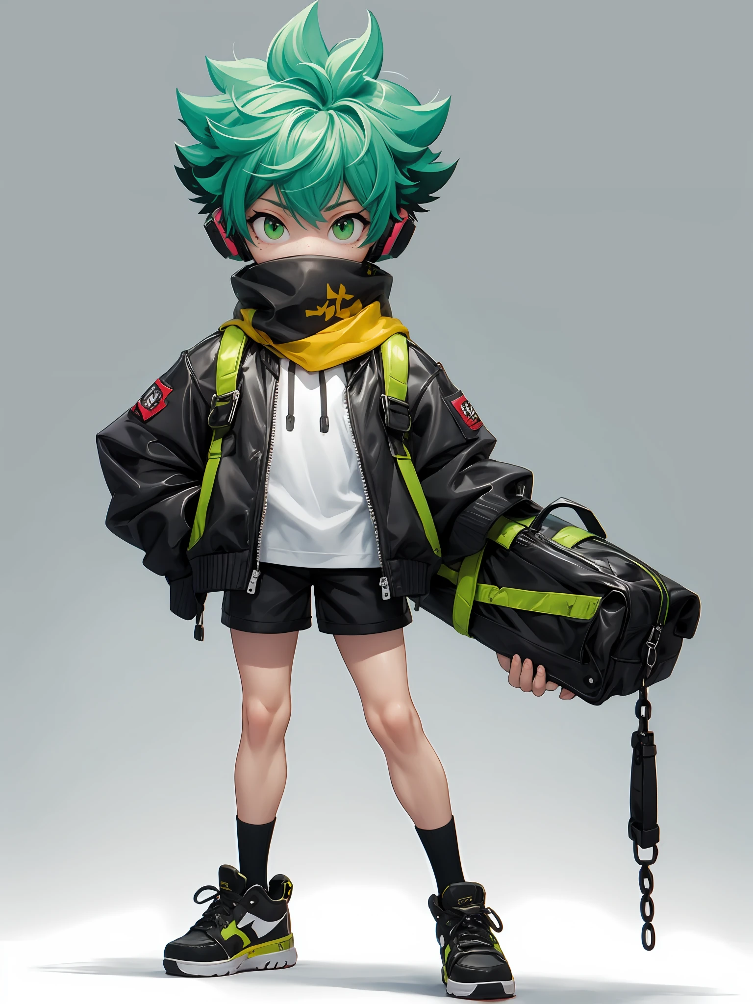hezi, 3d, Bubble Mart, rich color, q version, male focus, 1boy, gloves, solo, shorts, green eyes, green gloves, green hair, headphones, jacket, fingerless gloves, shoes, male child, sneakers, green jacket, green footwear, chibi, black shorts, child, freckles, full body, bag, short hair, shirt, long sleeves, covered mouth, gradient background, white socks, gradient, simple background, standing, bangs, backpack, white shirt, looking at viewer, socks, midoriya izuku, mask, aged down, clothes writing, hair between eyes, green theme, grey background, hood, chain, open jacket, arms at sides, messy hair, can, black background, skateboard, open clothes, spiked hair, scarf, mouth mask, keychain, spray can, t-shirt<lora:Bubble Mart-000004:0.6>