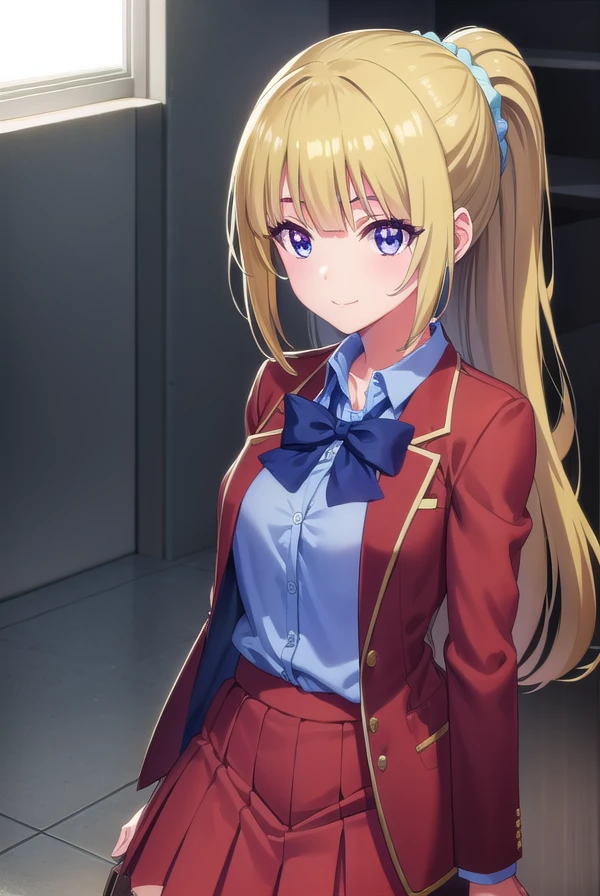 keikaruizawa, <lora:kei karuizawa s2s3-lora-nochekaiser:1>, 
kei karuizawa, long hair, bangs, blunt bangs, (purple eyes:1.1), blonde hair, shirt, hair ornament, ponytail, scrunchie, blue scrunchie, smile,
BREAK skirt, shirt, bow, school uniform, jacket, (red jacket:1.2), pleated skirt, bowtie, sweater, (blue bow:1.2), (blue shirt:1.2),
BREAK indoors, classroom,
BREAK looking at viewer, (cowboy shot:1.5),
BREAK <lyco:GoodHands-beta2:1>, (masterpiece:1.2), best quality, high resolution, unity 8k wallpaper, (illustration:0.8), (beautiful detailed eyes:1.6), extremely detailed face, perfect lighting, extremely detailed CG, (perfect hands, perfect anatomy),