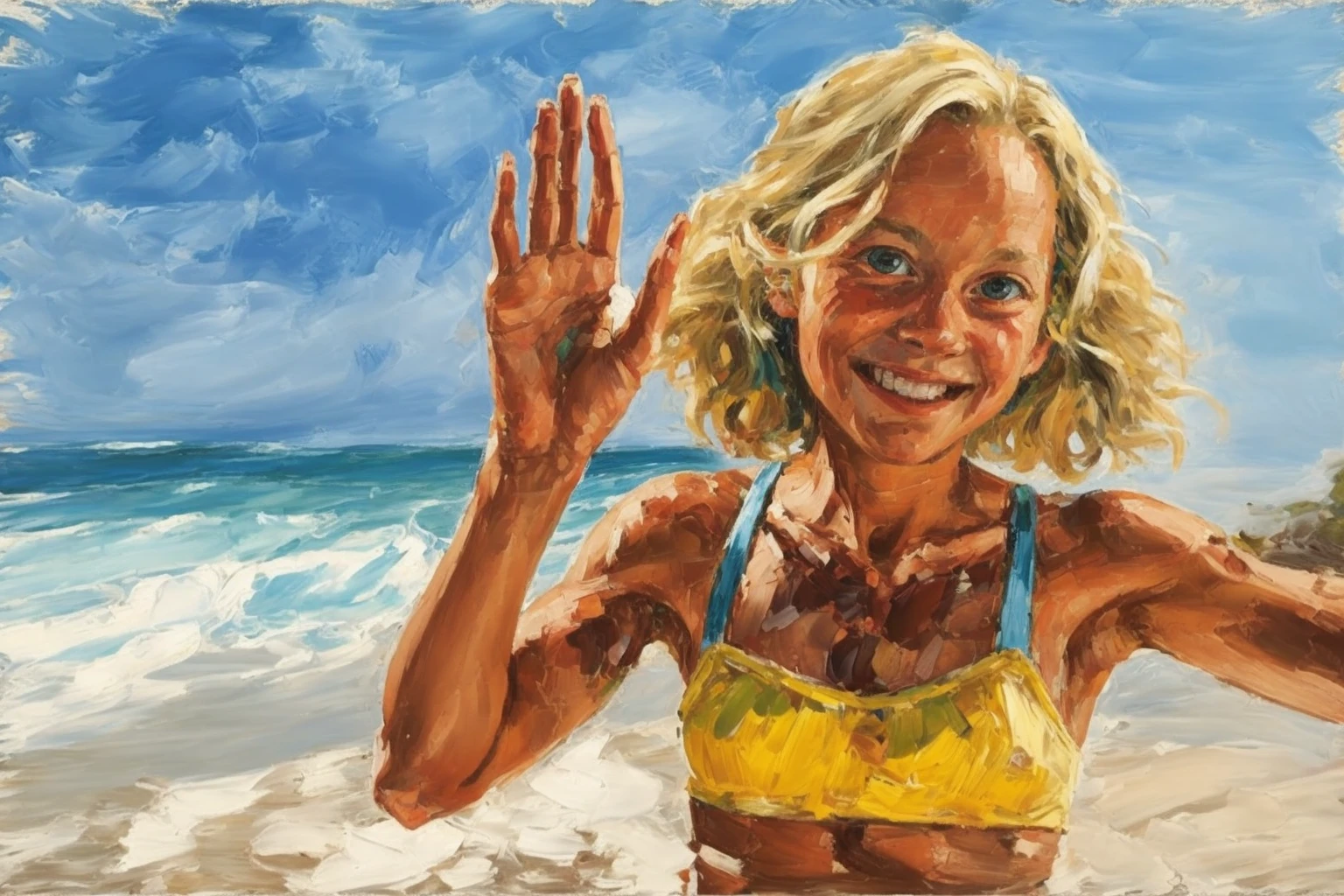 by palette knife, portrait of a girl, waving to viewer, on beach, beach bg, sloppy strokes, long hair, blonde