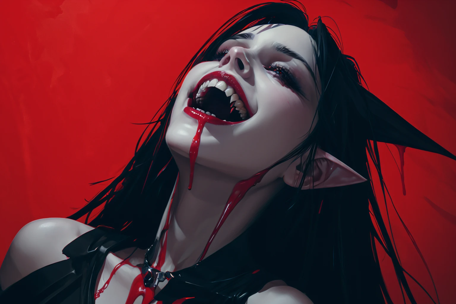 best quality,masterpiece,realistic,long hair, teeth, solo, blood, pointy ears, black hair, red background, open mouth, vampire, 1boy, sharp teeth, blood on face, male focus, looking at viewer