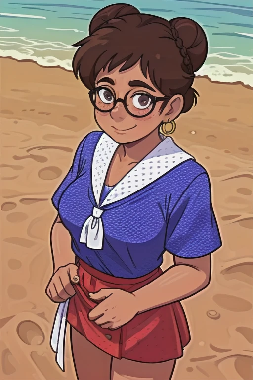 <lora:Connie Bake:0.95> connie_tpir, woman, middle age, brown hair, hair in bun, hoop_earrings, 1960s, black frame glasses, blue polkadot dress, white polkadot neckerchief, nametag on chest, jewelry, necklace, smile, at the beach, sand, sun, birds, facing left, full_body,<lora:LCM_SD15:1.0>
