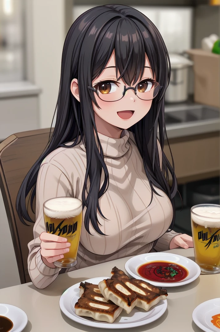 masterpiece, best quality,
1girl, solo, glasses, black hair, long hair, white ribbed sweater, happy, smile, looking at viewer, open mouth, solo focus, sitting, across table, 
gyouza, plate, still life, food, realistic, blurry, food focus, blurry background, depth of field, beer, indoors, bottle
<lora:gyouza_SD15_V1:0.8>