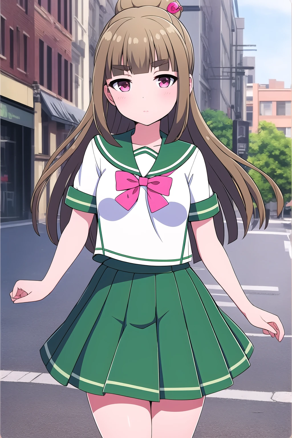 (masterpiece, best quality), highly detailed background, perfect lightingbest quality, fujimiyasakura, solo, outdoors, city, light brown hair, single hair bun, hair stick, blunt bangs, long hair, sidelocks, thick eyebrows, pink eyes, small breasts, serafuku, white shirt, green sailor collar, red bowtie, short sleeves, green skirt, pleated skirt, school uniform, closed mouth, pink lips, <lora:Fujimiya-Sakura:0.7>