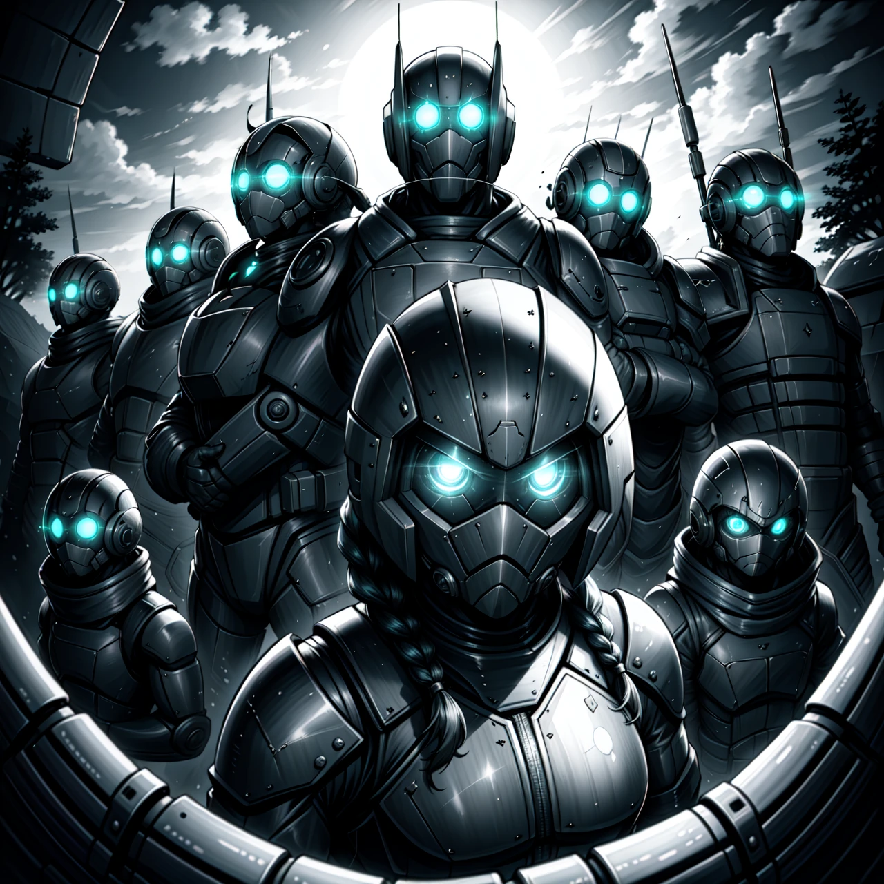 Monochrome (masterpiece, best quality:1),(3girls and boys:1.1),(red power armor:1.1),(sci fi helmet on head with glowing green eyes,mask:0.8),looking at viewer,military squad,single braid,(fisheye),absurdres,HDR,colorful,detailed background,outdoors,<lora:nukeops14ssv0.99.64tx2.2:0.34> . Black and white, contrast, tone, texture, detailed