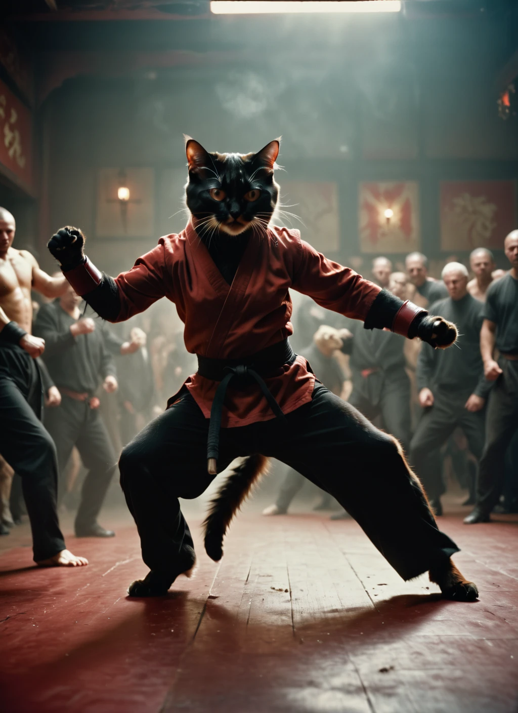orange/black fluffy cat ninja, drunken fist, fight stance, high kick, split, infront of Dog crowd, very detailed, atmospheric haze, Film grain, cinematic film still, shallow depth of field, highly detailed, high budget, cinemascope, moody, epic, OverallDetail, gorgeous, 2000s vintage RAW photo, photorealistic, candid camera, color graded cinematic, eye catchlights, atmospheric lighting, skin pores, imperfections, natural, shallow dofintricate, elegant, fantasy art, portrait, dark, retro, ecstatic, plain, powerful, realistic, profoundly red dark color