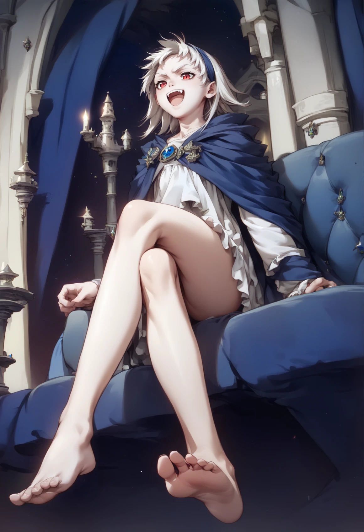 girl, solo, medium hair, white hair, spiked hair, red hair, evil smile, open mouth, fang, tall boots, bangs, blue airband, blue cape, white shirt, bare legs, standing, full body, seen from below, sitting, crossed legs, couch, barefoot. indoors, night, red light, gothic castle, vampire, bats <lora:sierra XL:1>, score_9, score_8_up, score_7_up, score_6_up, score_5_up, score_4_up, BREAK source_anime, masterpiece