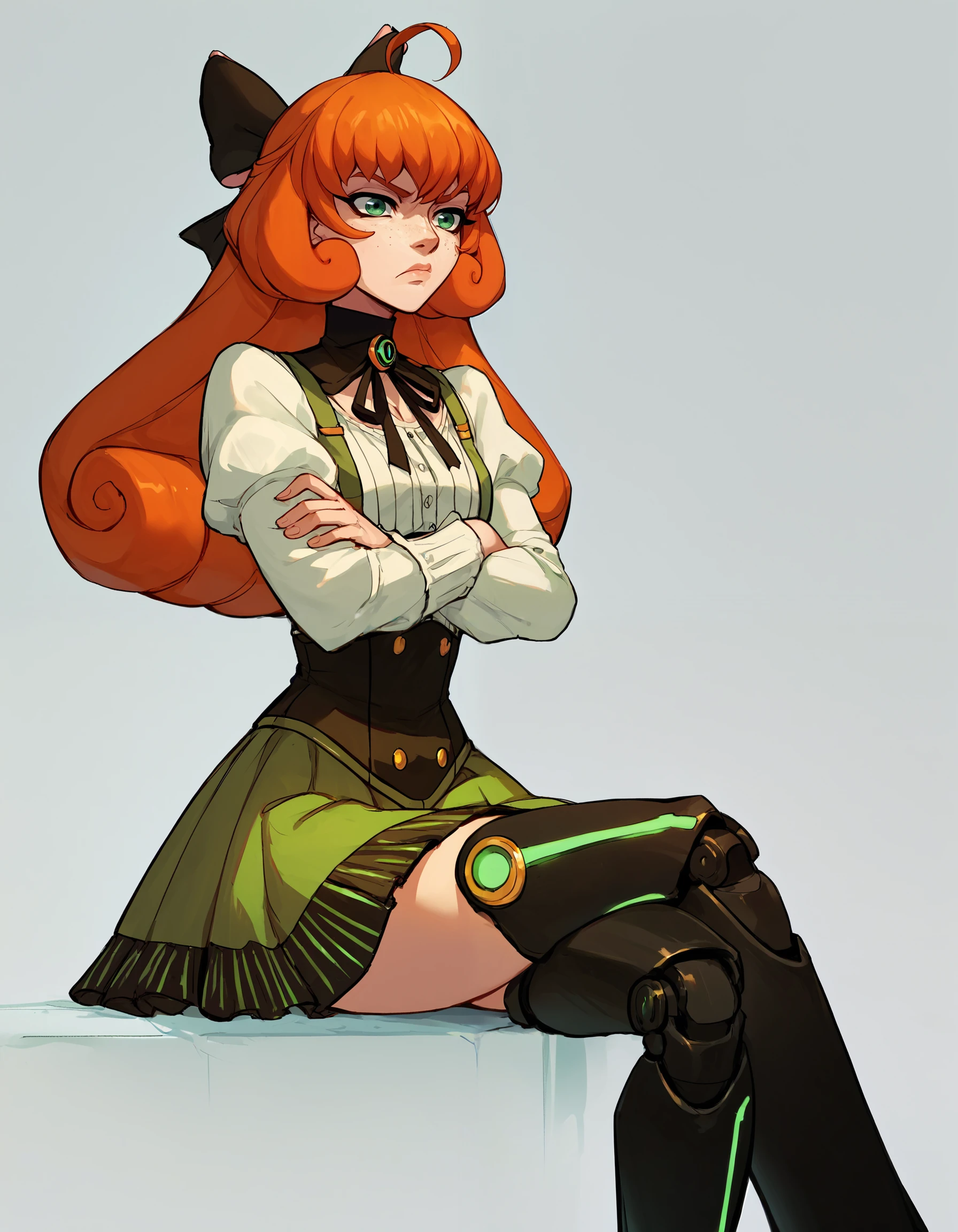 Penny Polendina, crossed arms, crossed legs, annoyed, green eyes, long hair, black bow, neck ribbon, corset, suspender skirt, white blouse, mechanical legs,, lips, score_9, score_8_up, score_7_up, score_6_up, score_5_up, score_4_up, <lora:PennyPolendinaPDXL:1>