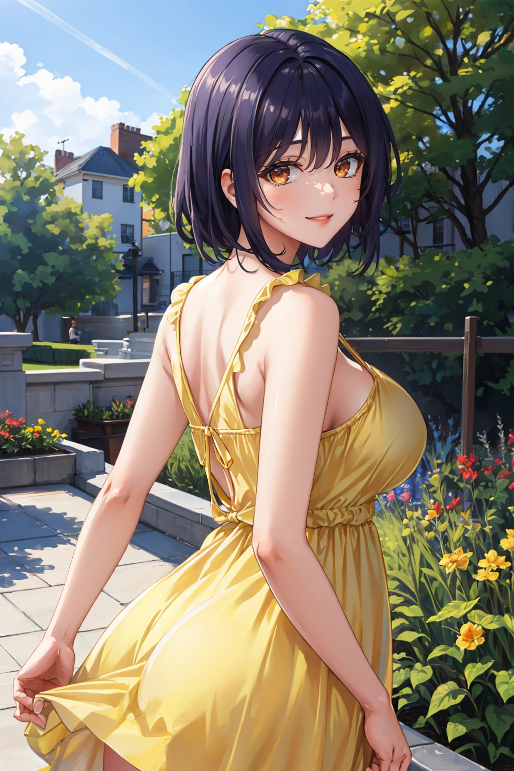 masterpiece, best quality, <lora:otodamatamako-nvwls-v1-000010:0.9> otodama tamako, (yellow sundress:1.4), from behind, garden, large breasts, smile <lora:edgChamYellowSundress:0.4> edgYSD,woman wearing a yellow sundress