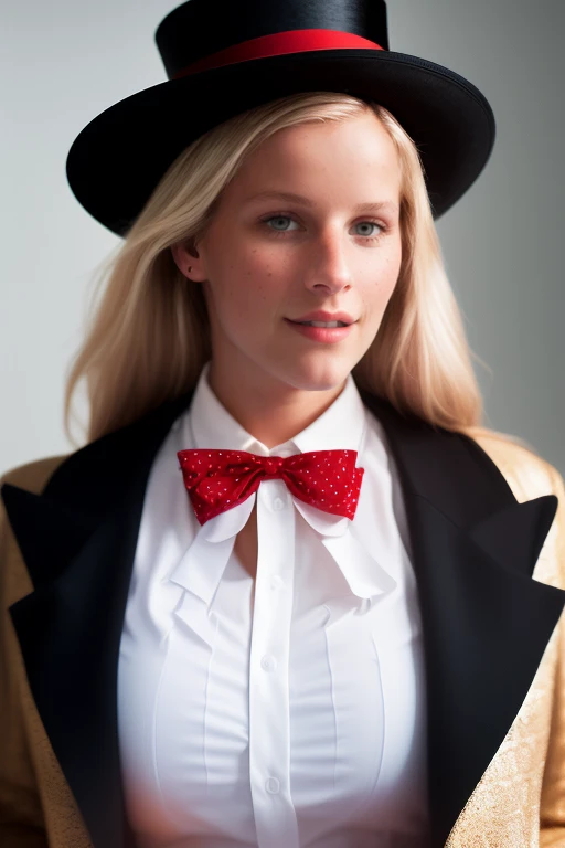 DEN_mary_queenmiela,
performing in a (circus:1.2) wearing a red and black (blazer:1.1) and white (shirt:1.1) and cream (trousers:1.1) and black bow tie and (top hat:1.1), ring leader, circus,
bokeh, f1.4, 40mm, photorealistic, raw, 8k, textured skin, skin pores, intricate details <lora:epi_noiseoffset2:1>, epiCRealism <lora:ClothingAdjuster3:-1.3>