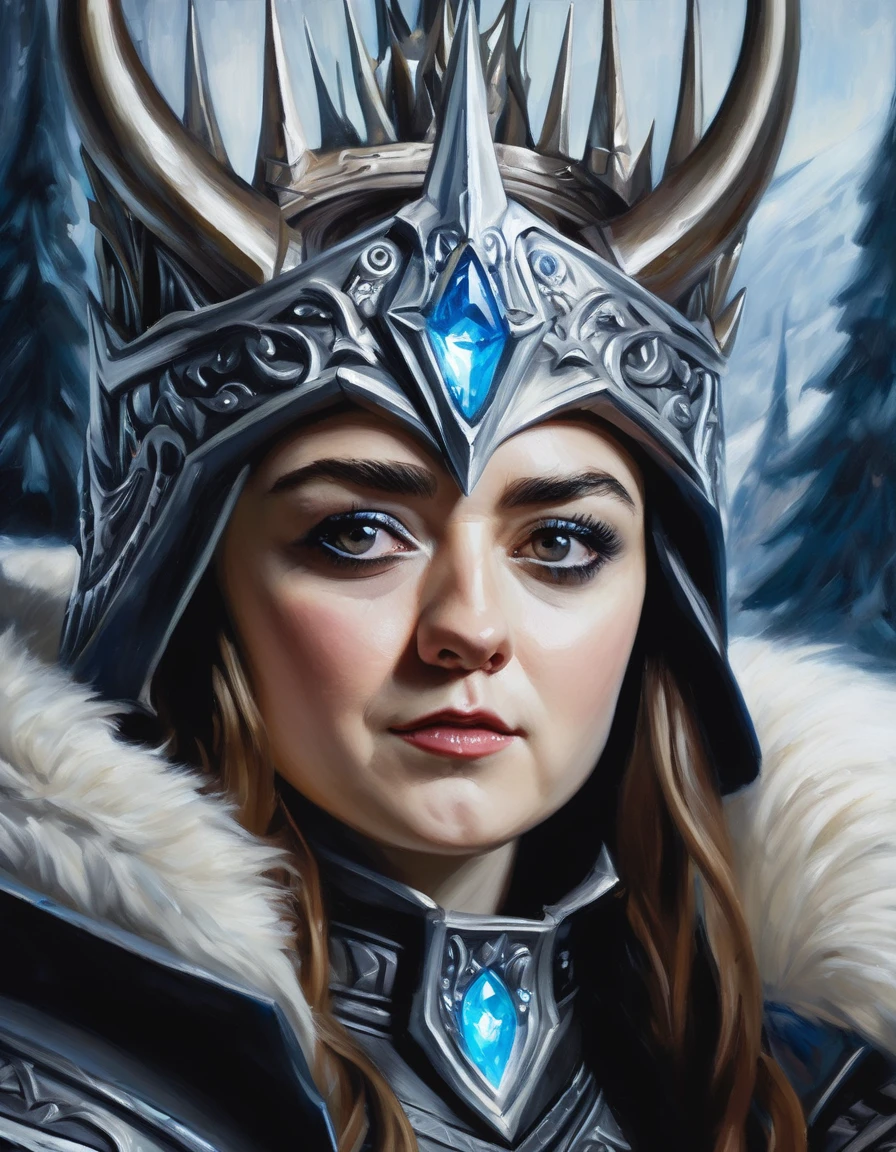 ,close-up ((oil painting:1.1)) of ((mswllmsarst woman)) , as the Lich king Arthas, sitting on the Frozen throne, brown hair, pale white skin,  perfect face,  dark shot, dramatic, extremely detailed, intricate, elegant,fantasy, <lora:Maisie Williams:1.0>