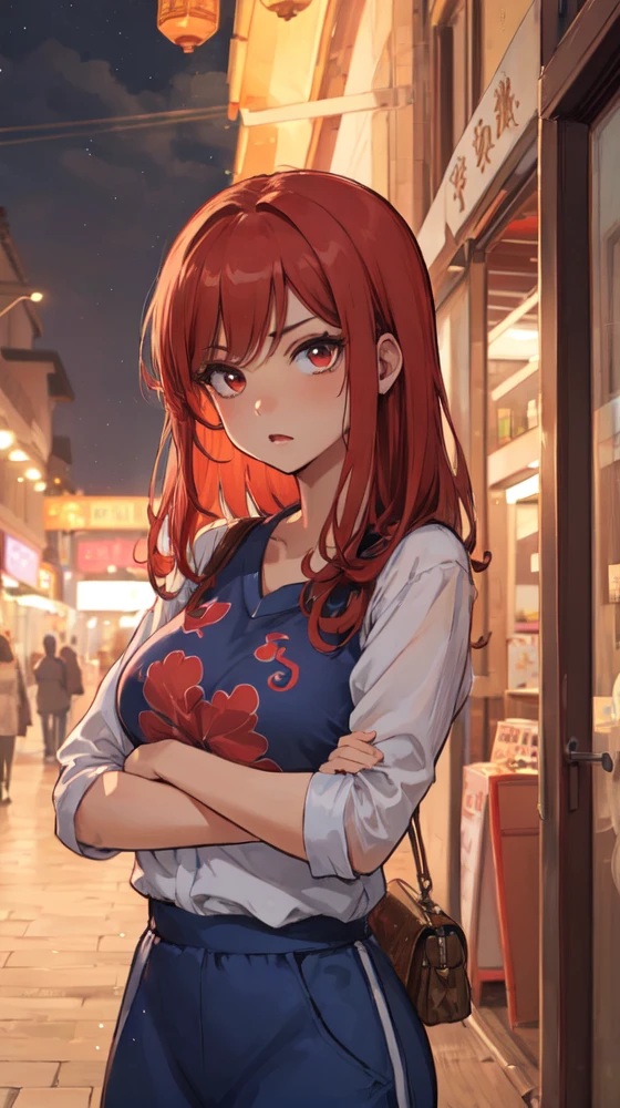 anime niji illustration , a look of shock , + / red haired woman on vacation enjoying the local party scene in Tangshan at midnight